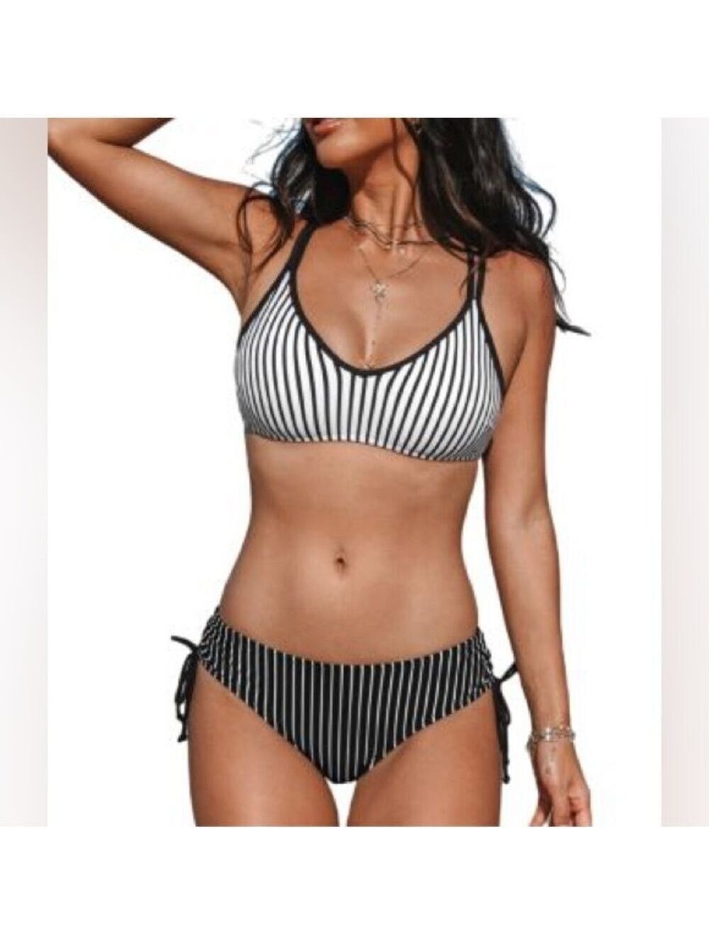 Cupshe Striped Black and White Women's Swim Bikini Set - Crisscross Top Small